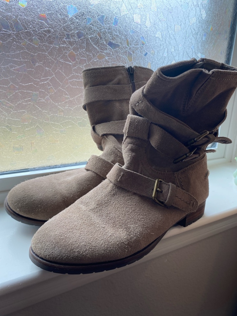 Dolce Vita Taupe Suede Buckle Ankle Boots